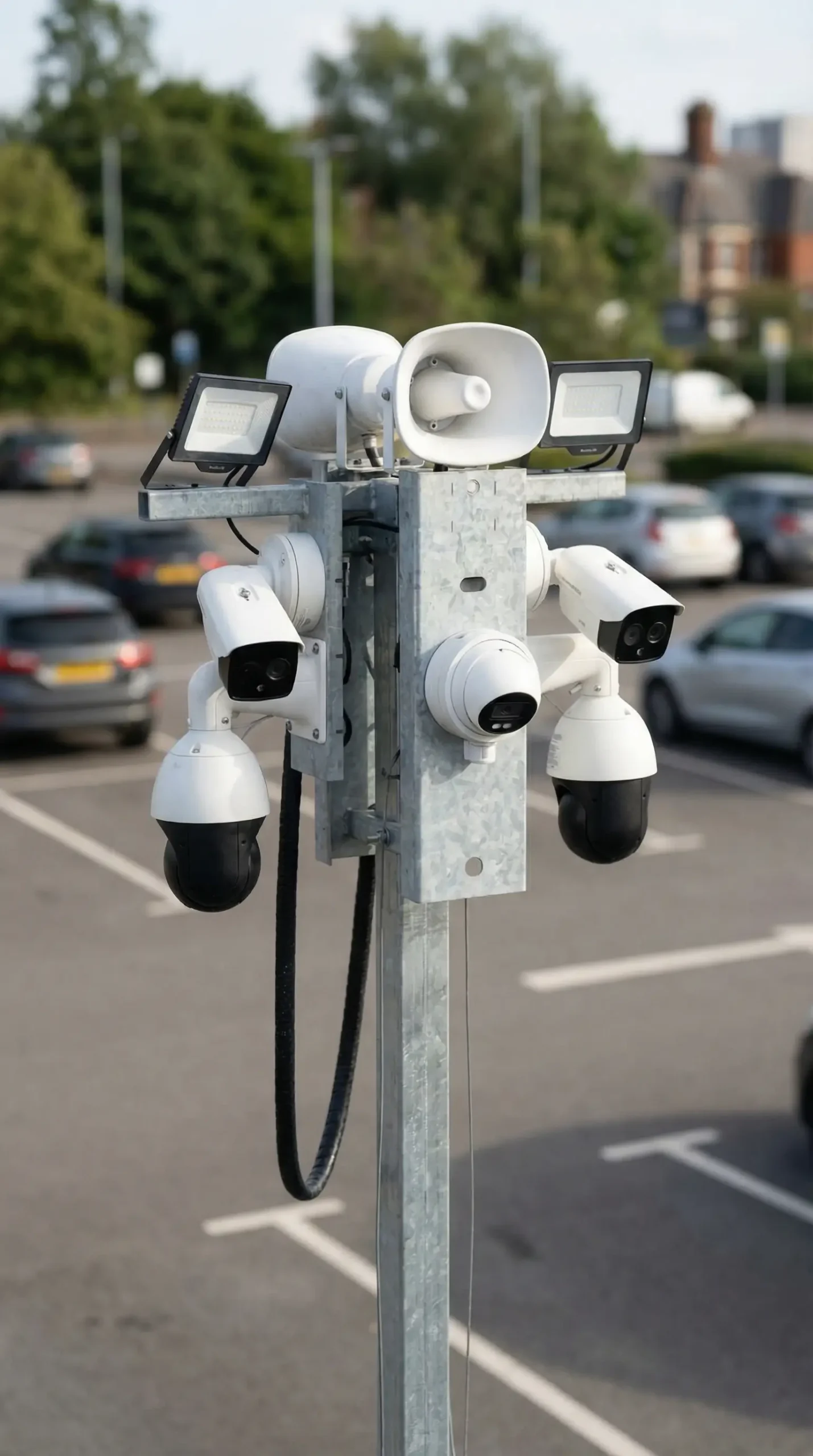 Parkplatzüberwachung: Videoturm mit Kameras und Lautsprecher zur aktiven Videoüberwachung von Fahrzeugflächen.